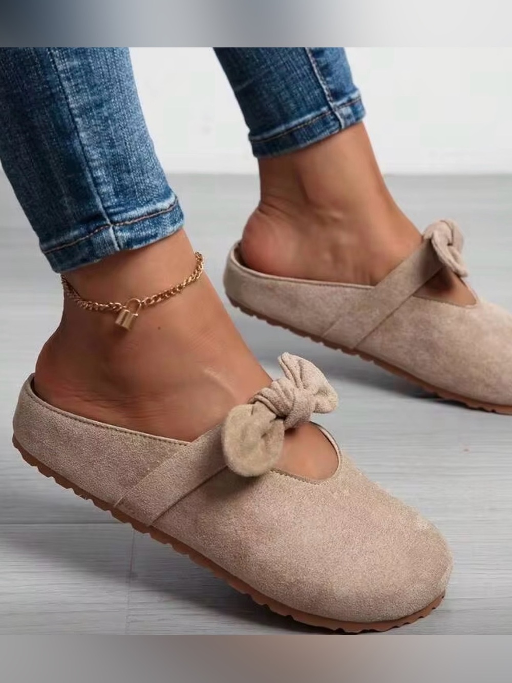 Suede Bow Slip-On Mules in Beige - Women